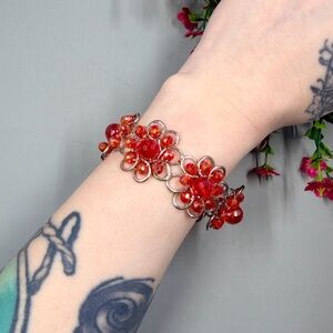 Red Floral Genuine Crystal Bead Vintage Open Bangle Bracelet